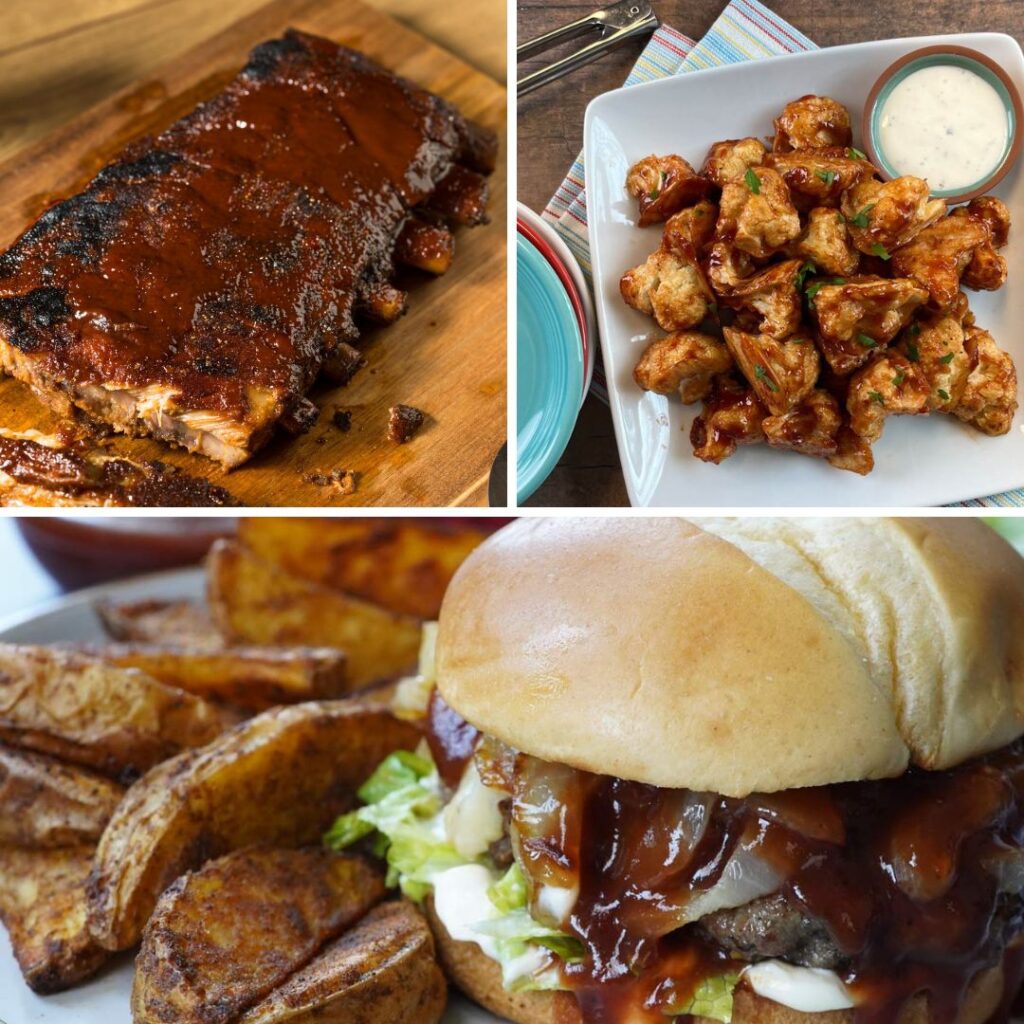 Ribs, chicken wings and bbq burger.