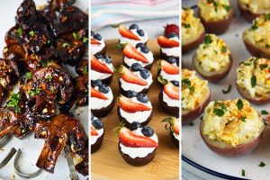 marinated mushroom skewers, festive brownie bites, and potato salad bites